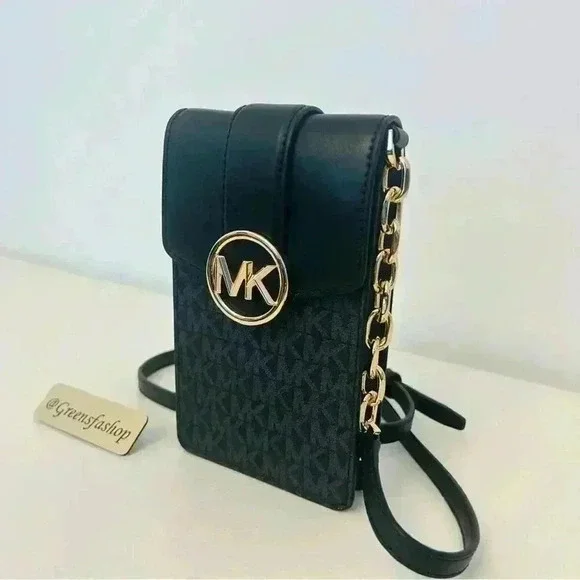 Michael Kors Purse Carmen Phone Crossbody Bag Black Signature - Picture 2 of 6